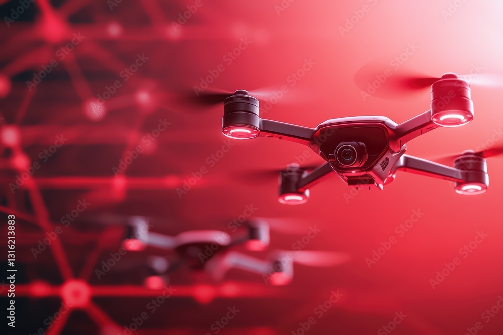 Poster ai-controlled drones navigating a network amid cyber threats and hacking risks