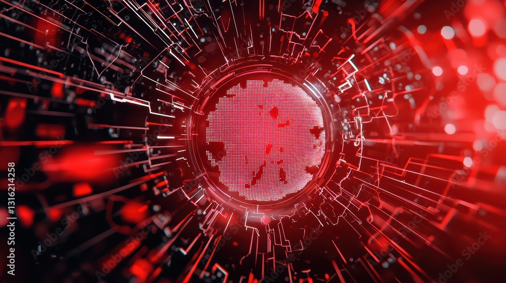 Poster broken biometric scanner under cyber attack in motion with vibrant red data visuals
