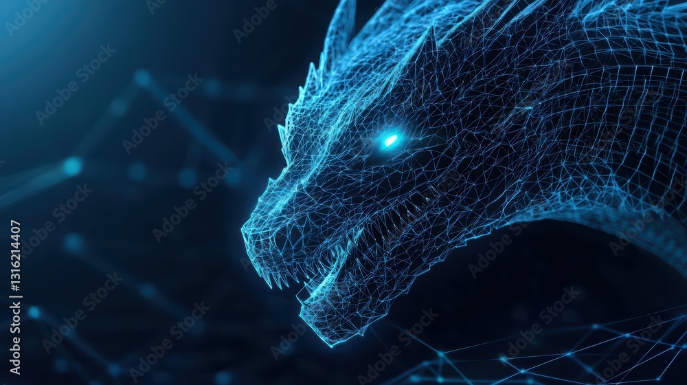 Poster cybernetic dragon form engulfing streams of data in futuristic digital environment