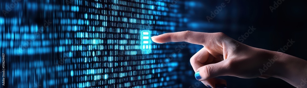 Aufkleber holographic interface with cybernetic hand touching digital data and firewall codes