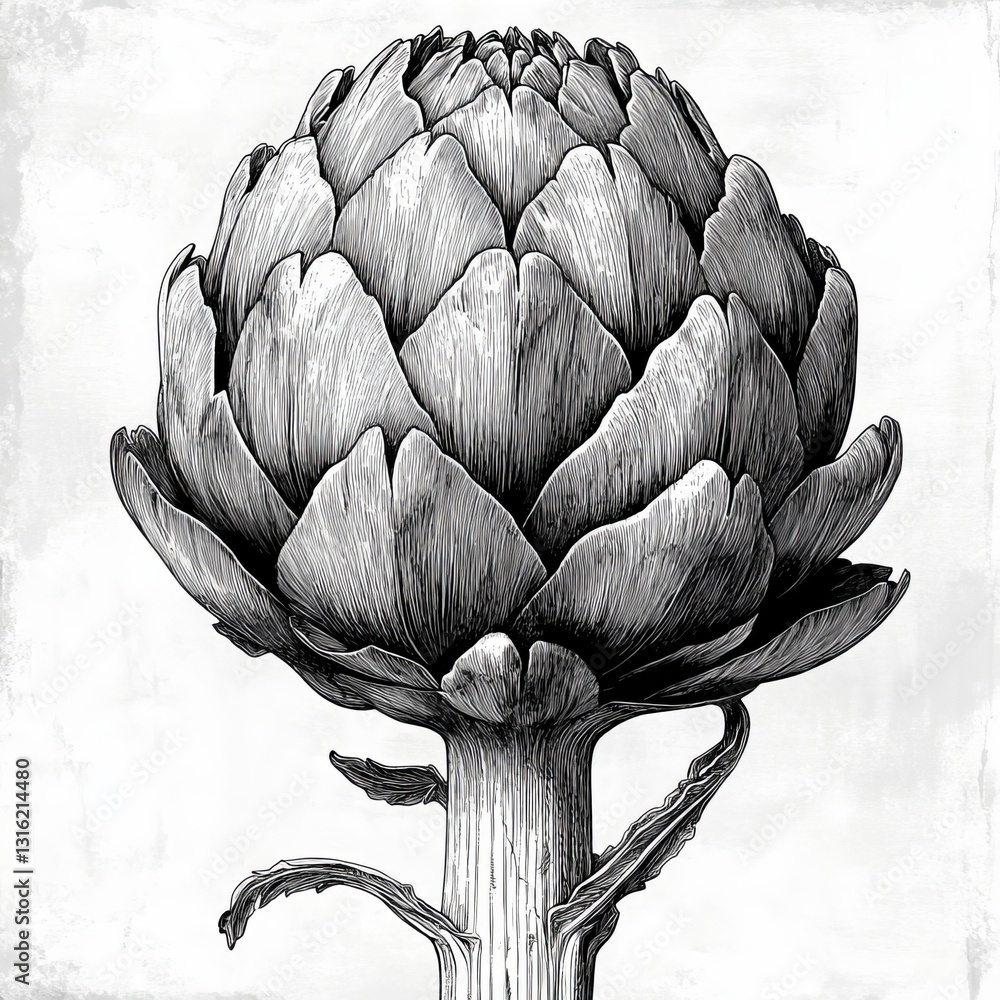 Poster an artichoke is depicted with complex layers of leaves in a detailed, engraved woodcut-style sketch 