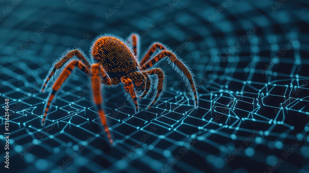 Poster cybernetic spider weaving digital web of data with complex patterns and intricate design