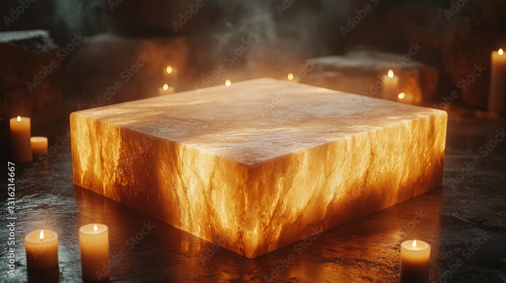 Aufkleber A glowing stone block rests on a dark surface, surrounded by softly flickering candles that create an enchanting atmosphere