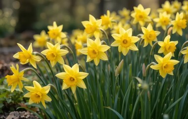 Fototapeta premium A close-up of a yellow daffodil flower bed with green grass and trees in the background
