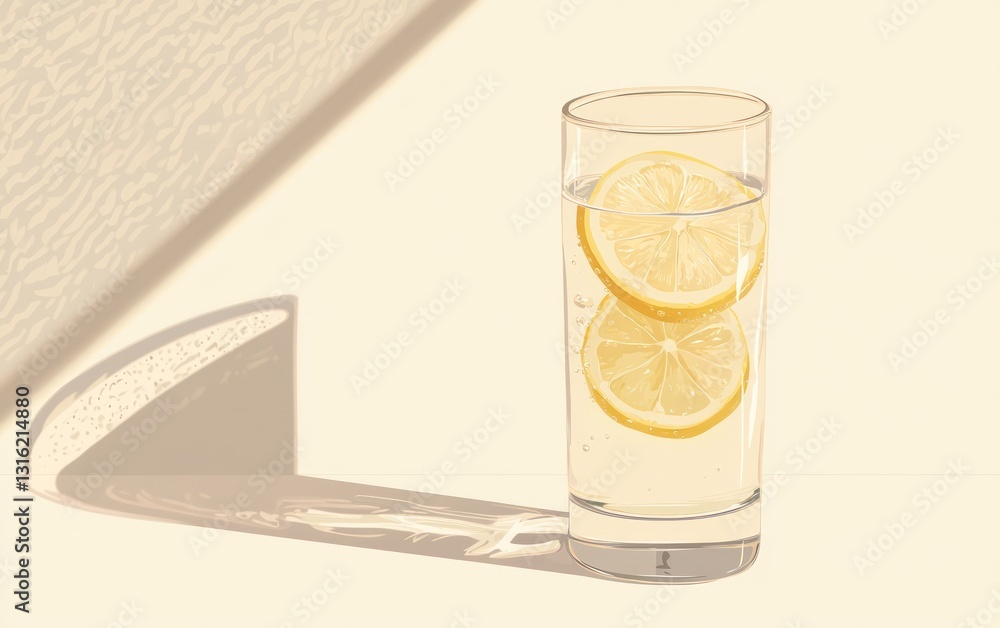 Poster close-up of a glass of sparkling water with lemon slices, illuminated by soft sunlight casting a sha