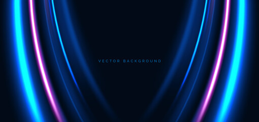 Hi-speed blue and pink neon curved beams rays on dark blue background. Speed motion moving concept.