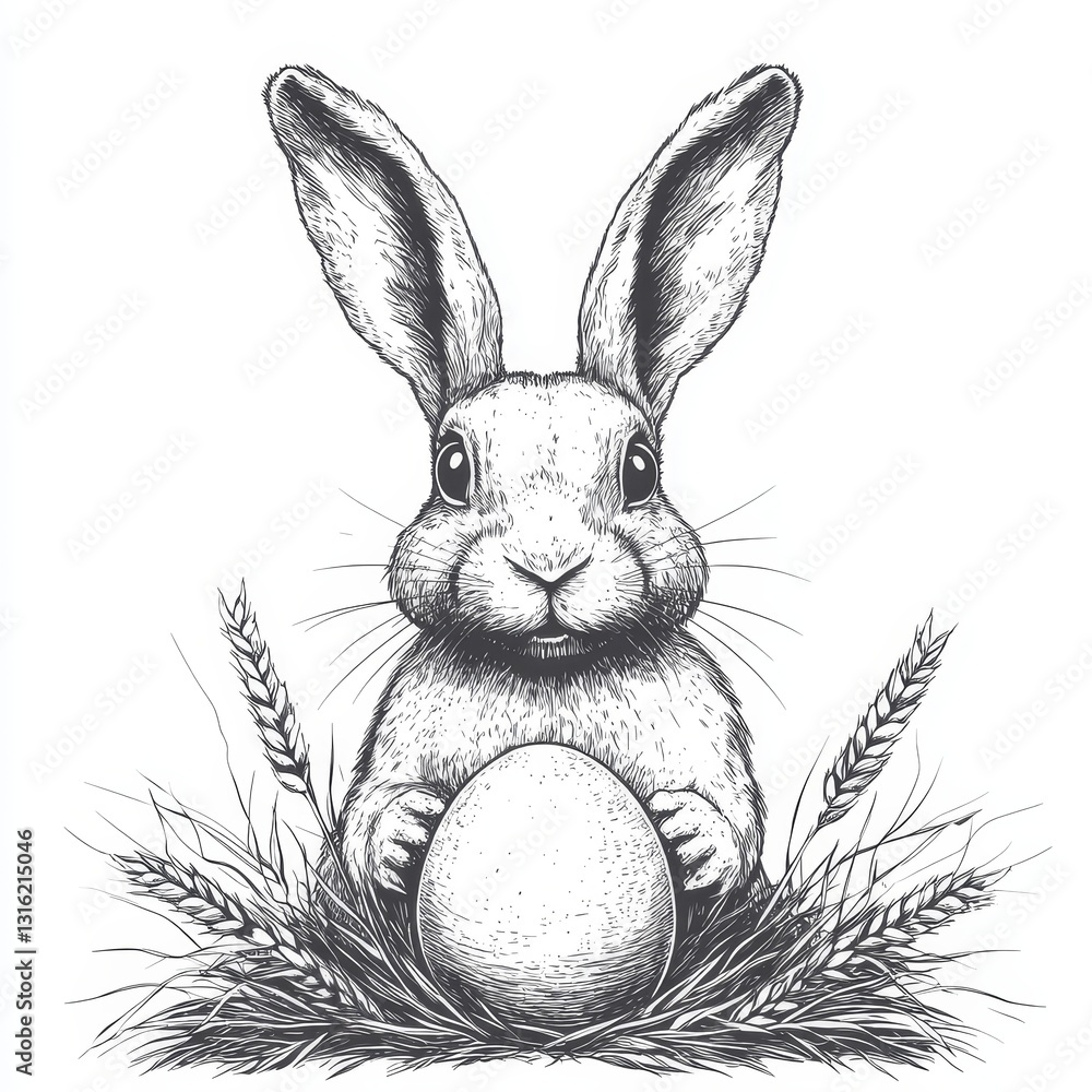 Poster a woodcut-style sketch engraving of the easter bunny surrounded by decorated eggs and spring flowers