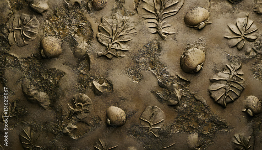 Aufkleber an abstract pattern resembling fossilized imprints of leaves and shells, rendered in muted earthy to