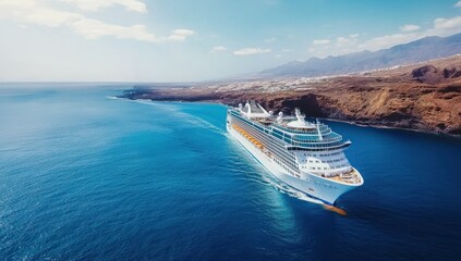 Obraz premium Aerial view of a cruise ship sailing near a mountainous coastline.