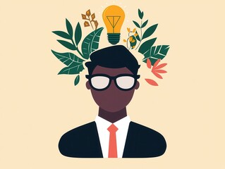 knowledge expansion cognition strategy concept. A person with glasses surrounded by creative elements and foliage.