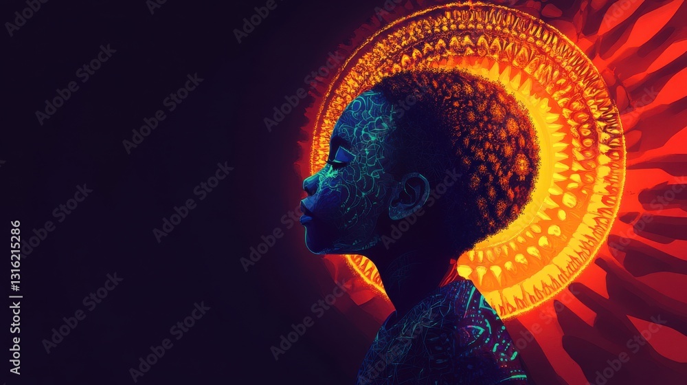 Poster child radiates light in a colorful visualization with intricate patterns