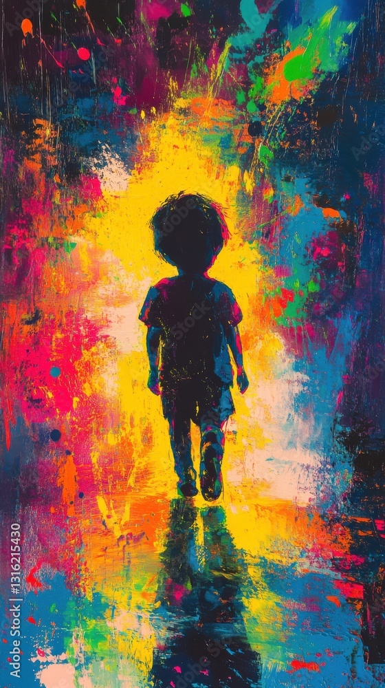 Poster vibrant depiction of a child glowing in a colorful world in a artistic, luminous setting