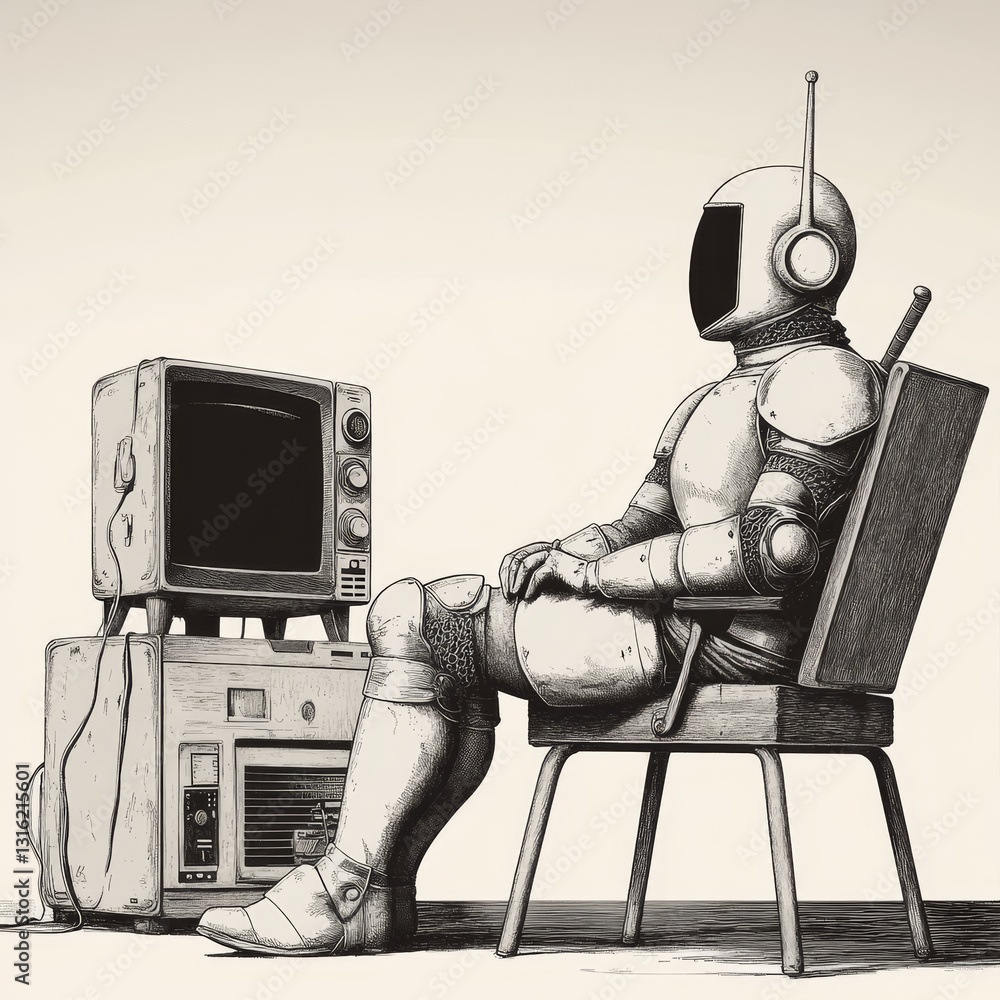 Poster a knight clad in full armor is depicted sitting with a sword, observing an antiquated television set