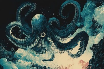 An aquatic illustration featuring a large octopus creature in the ocean