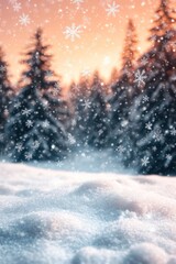 Snowy winter landscape at sunset with falling snowflakes and snow-covered fir trees.