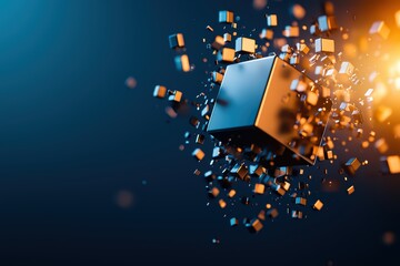 Floating Data Cubes Breaking Apart in a Cyber Environment with Digital Particles and Effects