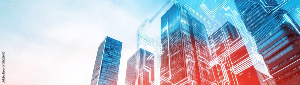Poster futuristic cityscape with cyber technology in abstract style and network elements
