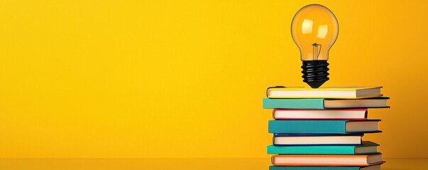 knowledge expansion cognition strategy concept. Light bulb on stacked books against a bright yellow background.