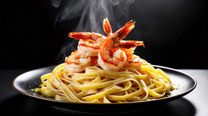 Scrumptious fettuccine pasta with perfectly cooked shrimp or prawns served just cooked and hot from the kitchen plate food photography wallpaper stock photo for menu