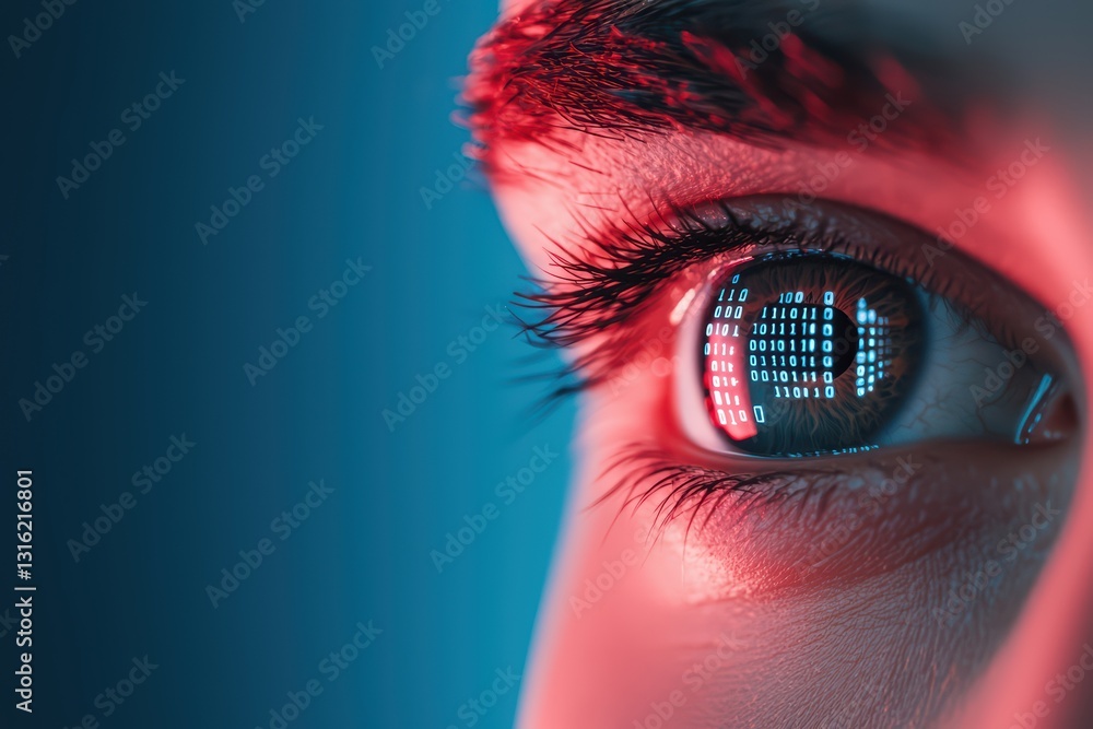 Poster futuristic eye reflecting data with binary code in a digital breach concept