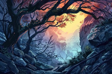 Mystical moonlit forest with glowing mushrooms and a distant mountain stream
