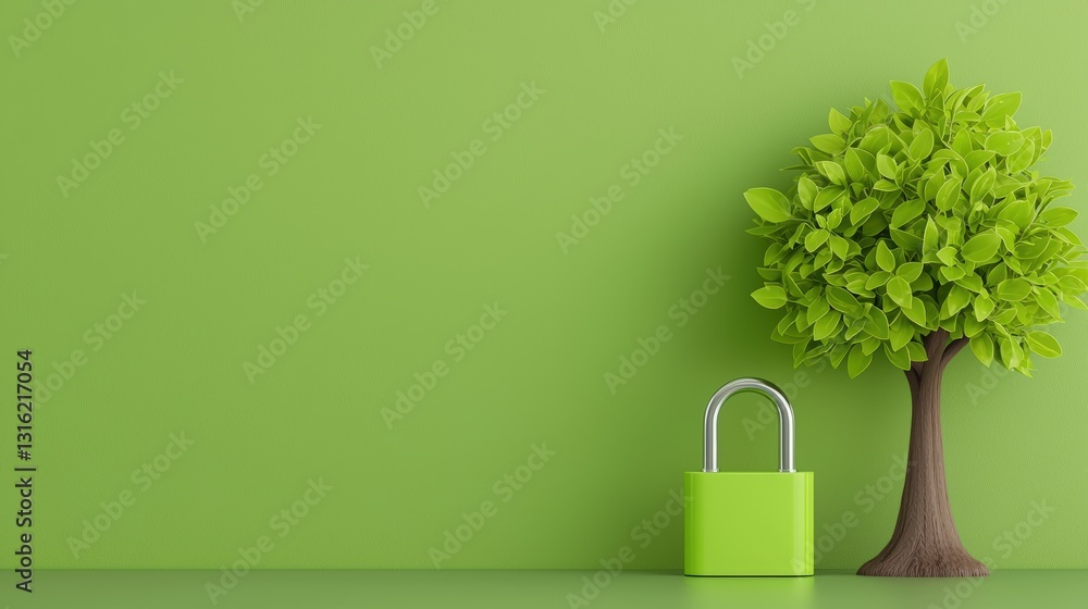 Poster a vibrant green scene featuring a tree and a padlock against a matching wall, symbolizing growth and