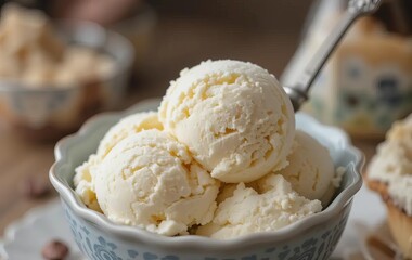A scoop of clotted cream ice cream in a waffle cone