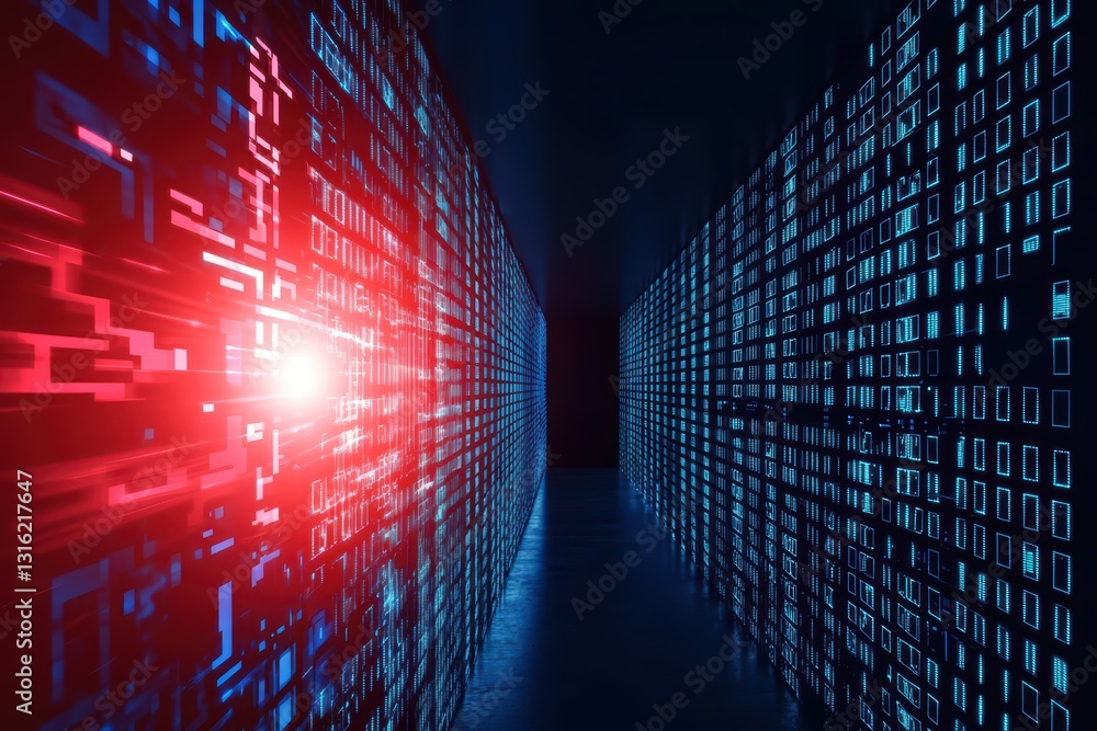 Poster glowing data streams in a dark environment with corrupted elements and cyber worm effects