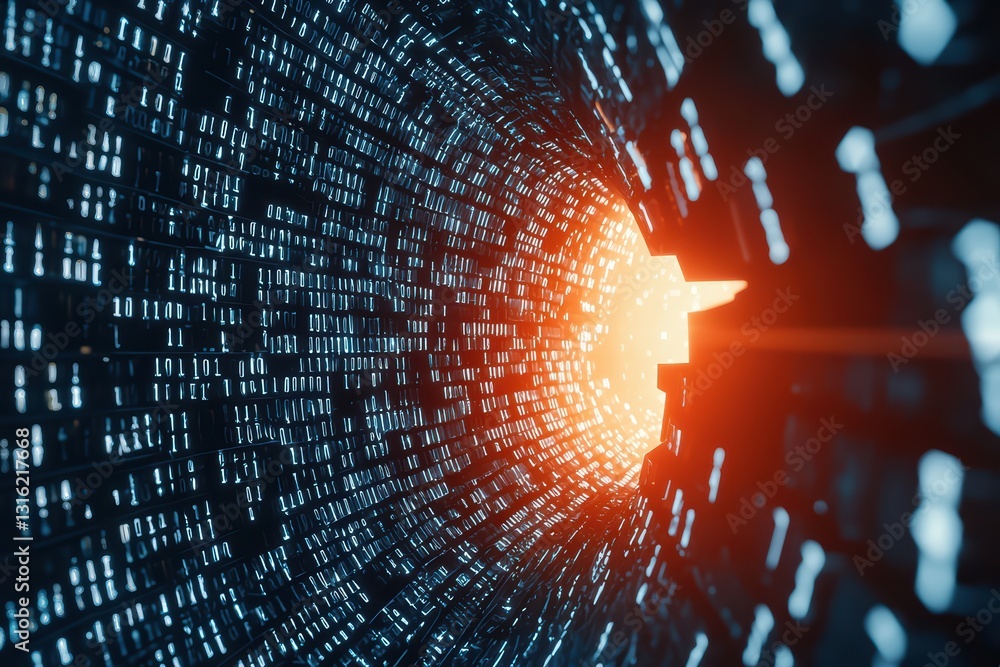 Poster glowing data streams in a corrupted cyber worm tunnel with distant light effect