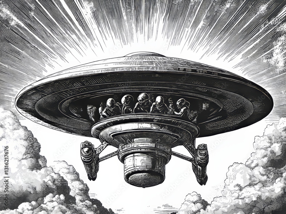 Poster a ufo containing three aliens and emitting light beams is depicted in a black and white engraving-st