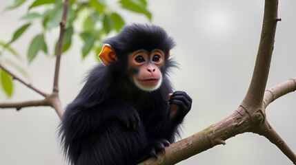 Fototapeta premium Adorable black snub-nosed monkey with distinctive upturned nose and fluffy fur, perches on a tree branch in a misty Yunnan, China forest habitat.