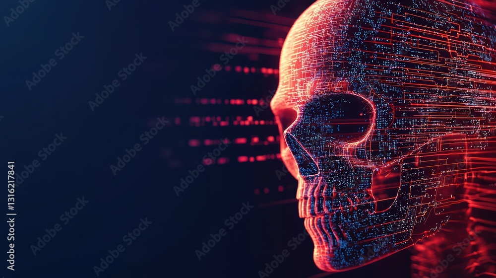 Poster glowing digital skull visualization with cyber attack elements in a futuristic style