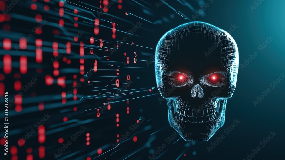 Poster glowing digital skull cyber visualization concept with red elements against dark background