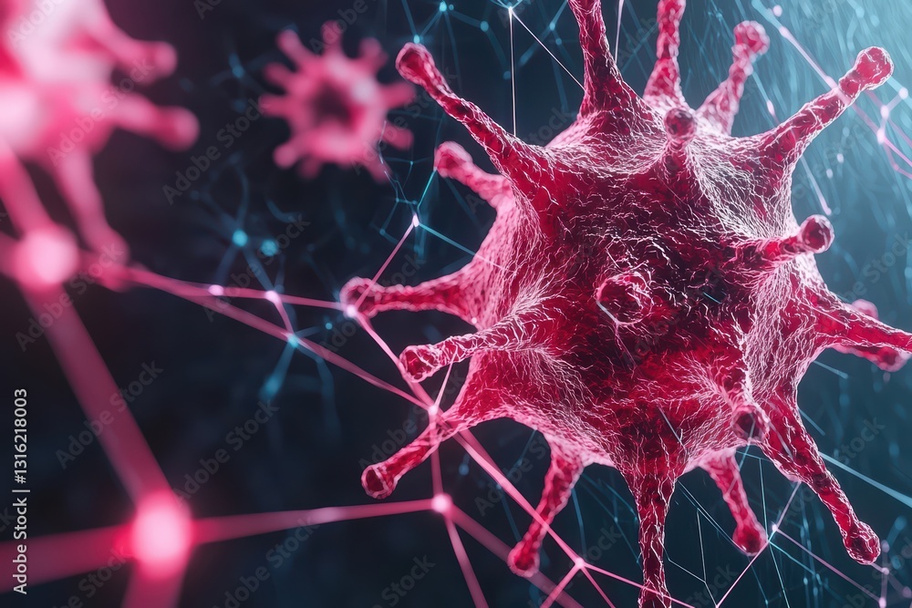 Poster glowing virus spreading through cyber network with abstract nodes and connections in background