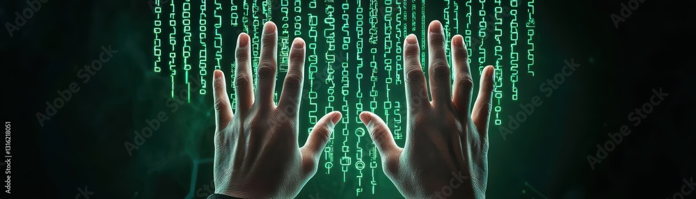 Poster hands typing quickly amidst cyber digital matrix environment in dark atmosphere