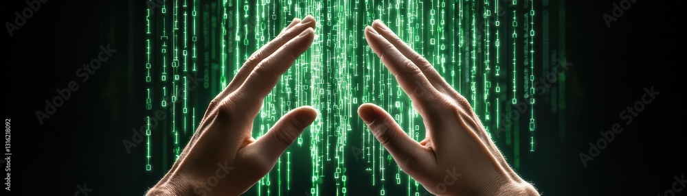 Poster hands typing at lightning speed in a cyber environment with digital code and data streams
