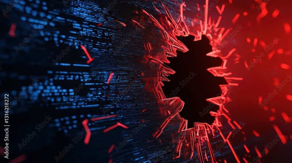 Poster digital hackers reflection in a broken screen displaying cyber attack and data breach elements