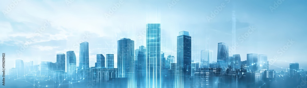 Aufkleber high-tech cityscape under cyber assault with crumbling structures in a futuristic setting