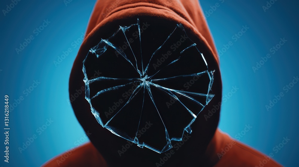 Poster mysterious figure in hoodie with shattered screen reflection symbolizes cyber attack and hackers