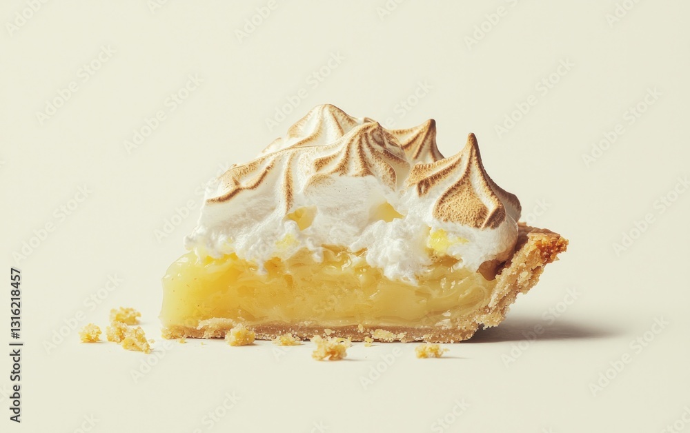 Poster a slice of lemon meringue pie with a slightly browned meringue topping, a creamy lemon filling and a