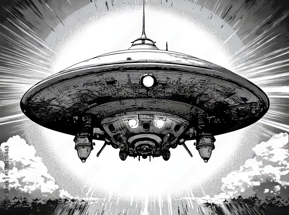 Poster a ufo flying saucer is depicted emitting a powerful beam of light, combining retro sci-fi elements w