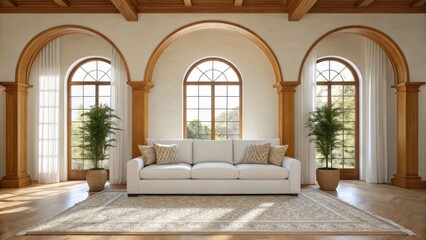 A bright, modern living room featuring a white sofa, decorative pillows, large windows, and green plants, creating a warm and inviting atmosphere.