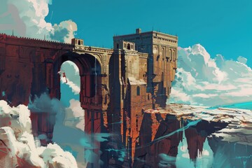 Ancient stone bridge and castle ruins floating amidst a surreal cloudy sky