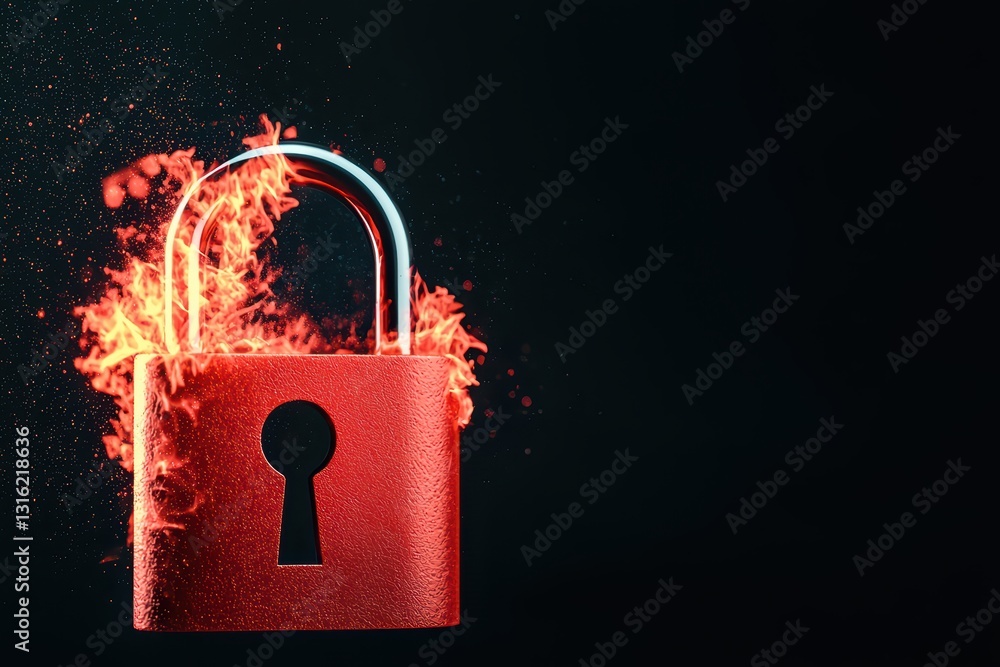 Poster holographic lock melting in cybersecurity breach visualizing security threats and risks