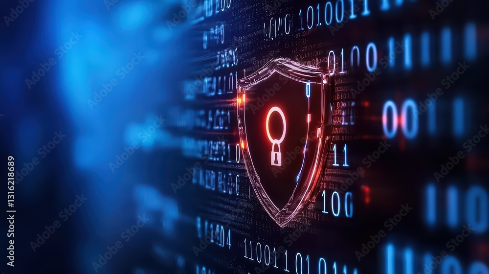 Poster futuristic holographic data security concept with shield and binary code representation
