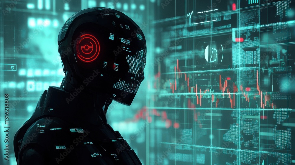Poster sleek modern robot interacting with digital interfaces in a futuristic setting