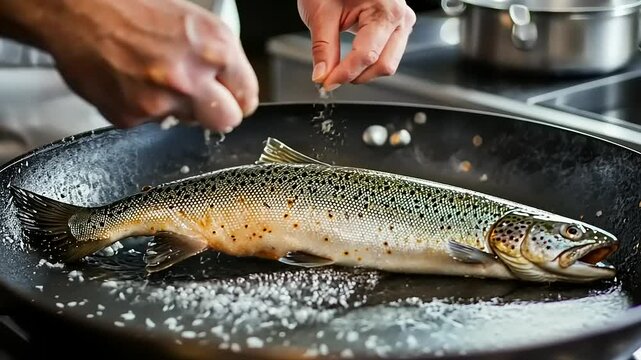 A chef prepares a fresh trout, seasoning it in a pan for cooking.