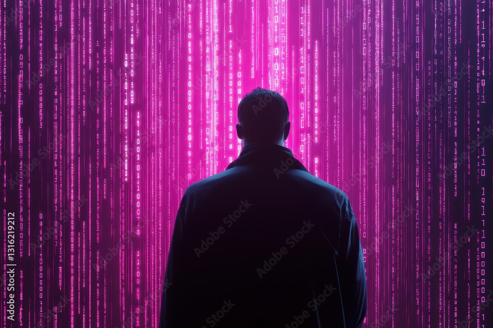 Aufkleber mysterious neon silhouette maneuvering through cyber landscape with rain and binary code