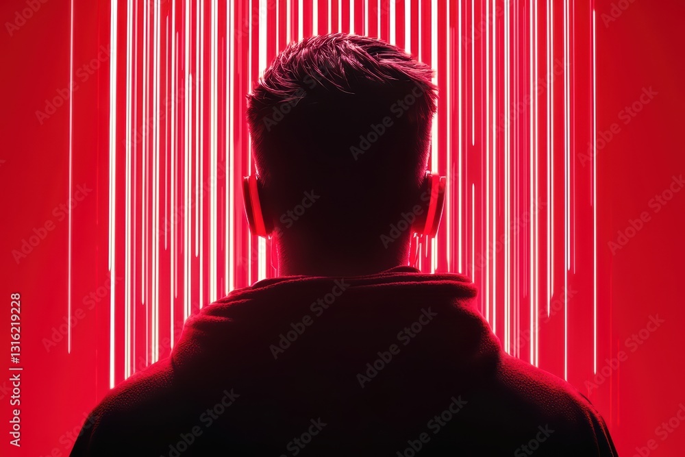 Poster silhouette of a hacker against neon light background with binary rain pattern