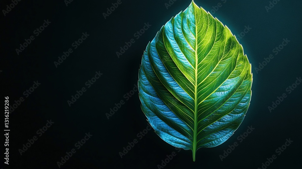 Poster a single leaf displayed on a black background emphasizing its unique shape and natural coloration in